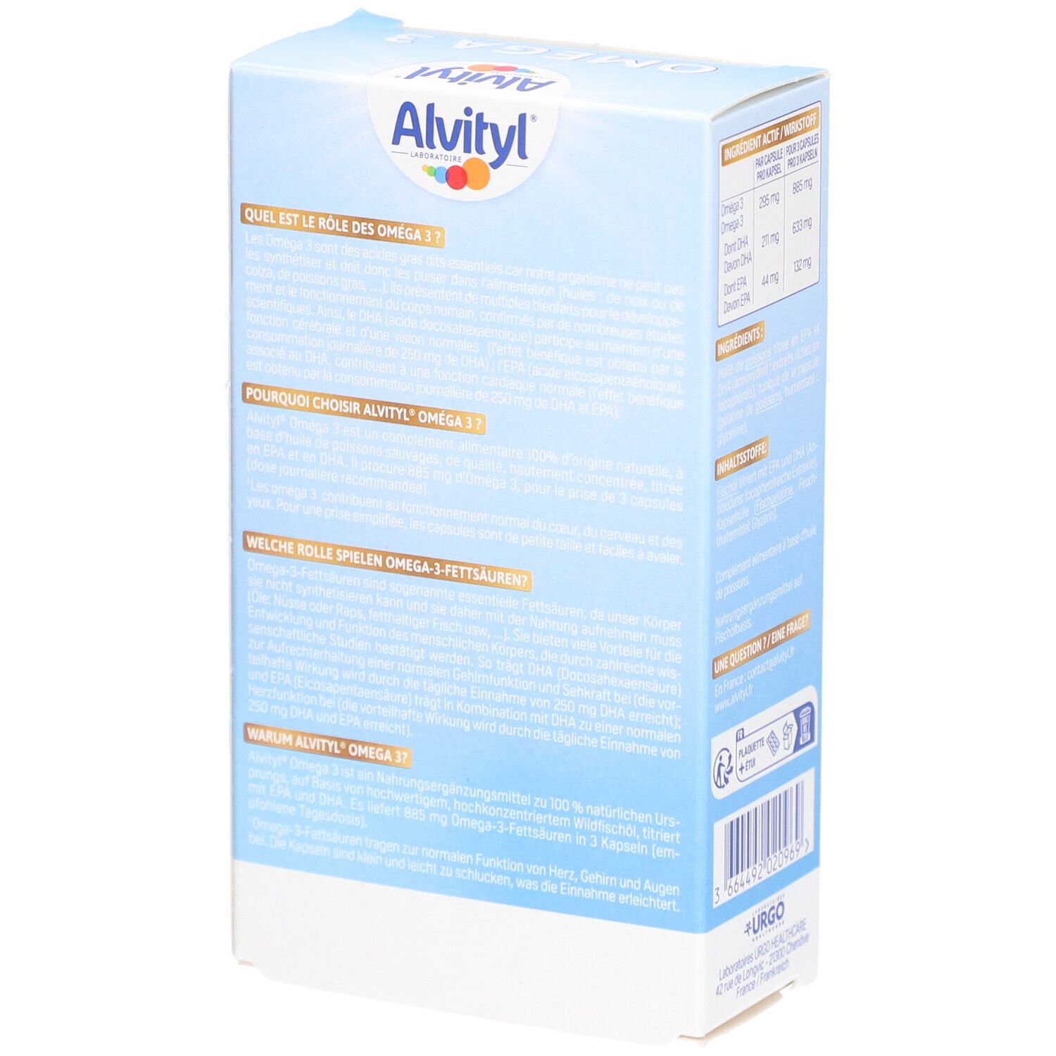 Dos de la boîte ALVITYL Omega 3. Texte sur Omega 3. Informations sur les ingrédients. Laboratoire français.