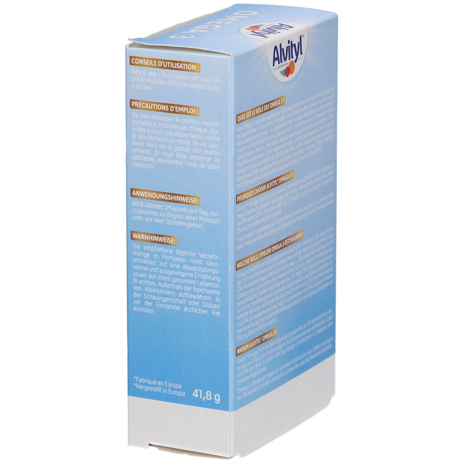 Côté de la boîte ALVITYL Omega 3. Contient conseils d'utilisation et précautions. Poids : 41,8 g. Laboratoire français.