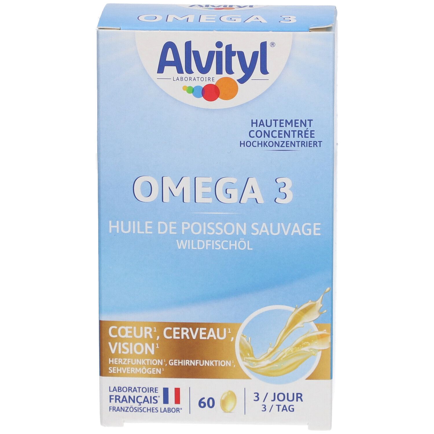 Face avant de la boîte ALVITYL Omega 3. Contient 60 gélules. Pour cœur, cerveau et vision. Laboratoire français.