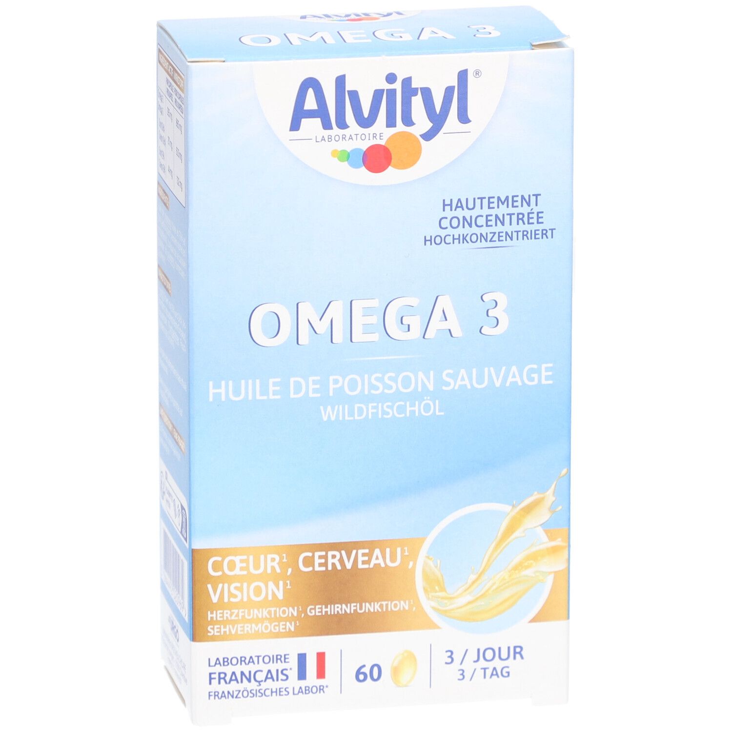 Face avant de la boîte ALVITYL Omega 3. Contient 60 gélules. Pour cœur, cerveau et vision. Laboratoire français.