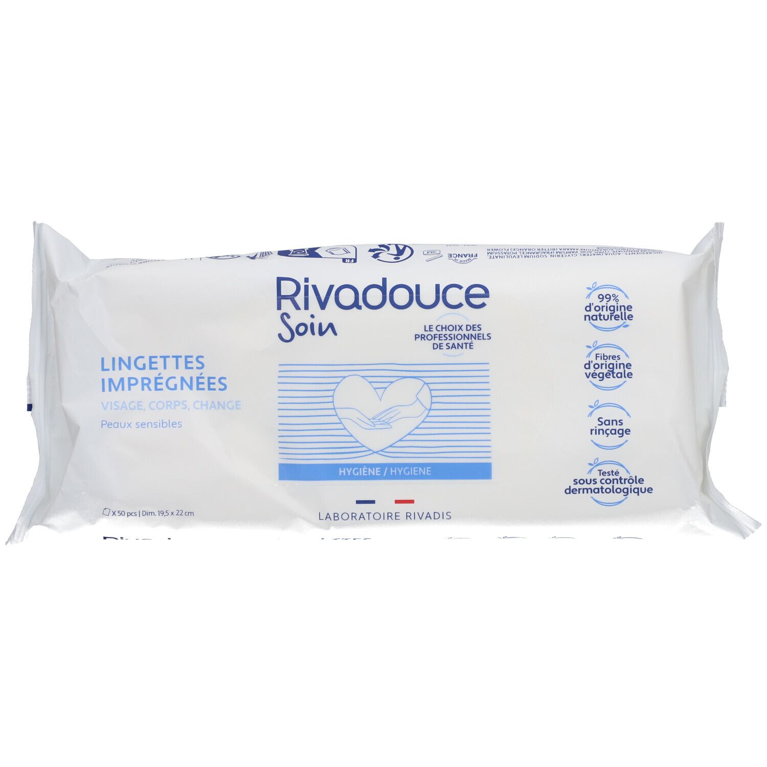 Paquet de lingettes RIVADOUCE. Inscription: Lingettes Imprégnées, 99% d'origine naturelle, fibres végétales, testé dermatologiquement.