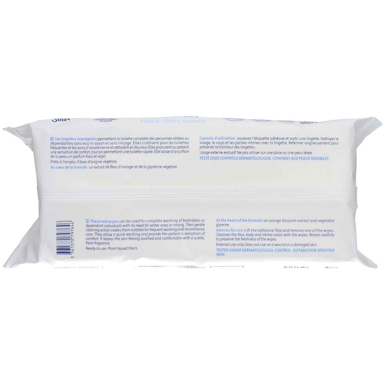 Dos du paquet avec texte. Extraits en français et anglais. Testé sous contrôle dermatologique.