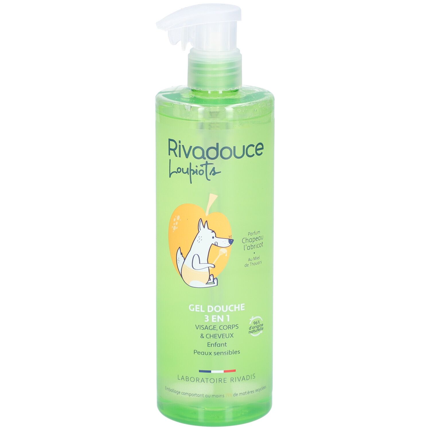 Flacon vert avec pompe doseuse. Inscription: Rivadouce Loupiots, Gel Douche 3en1. Illustration d'un chien sur une pomme.
