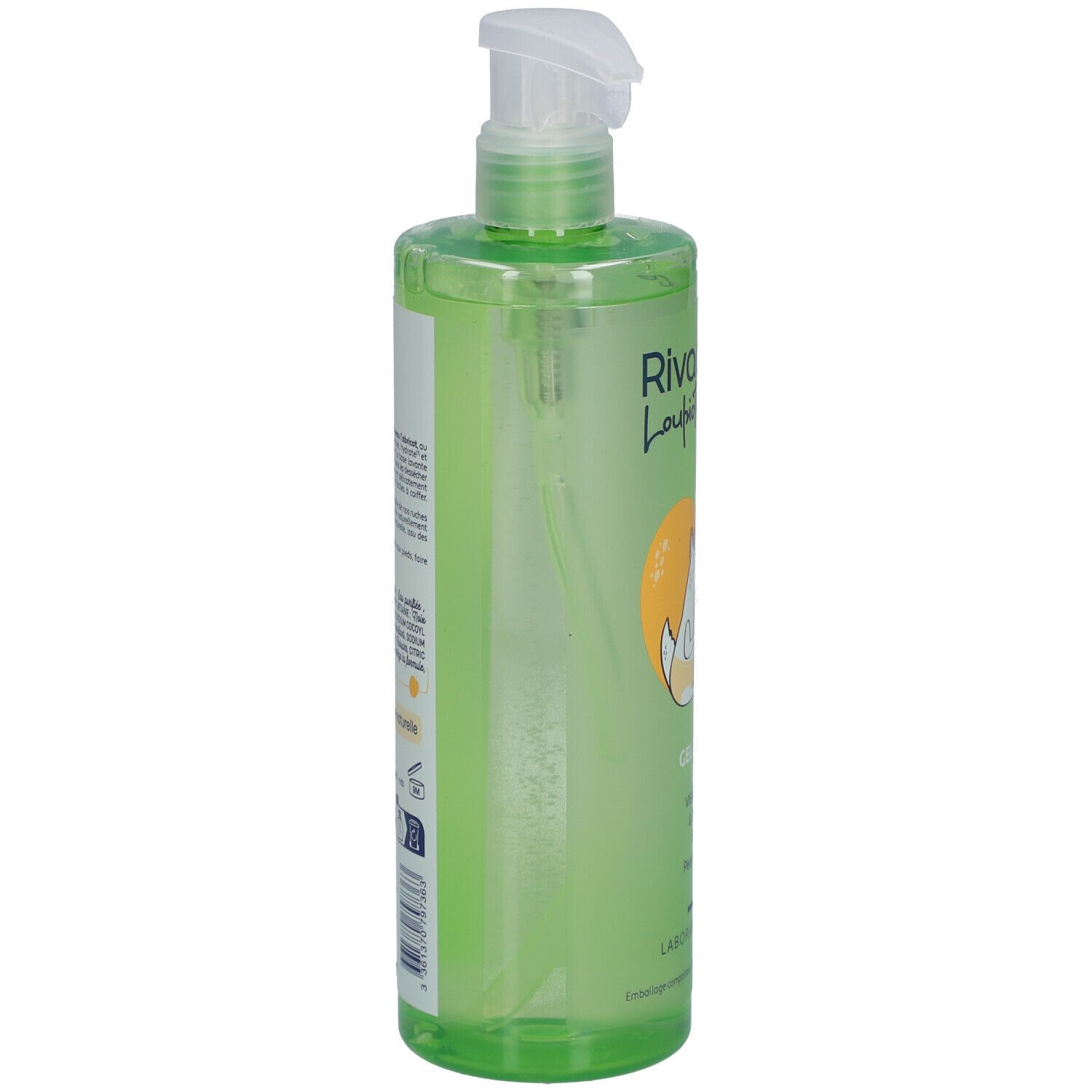 Flacon transparent vert avec pompe doseuse. Étiquette latérale avec texte. Nom du produit illisible.