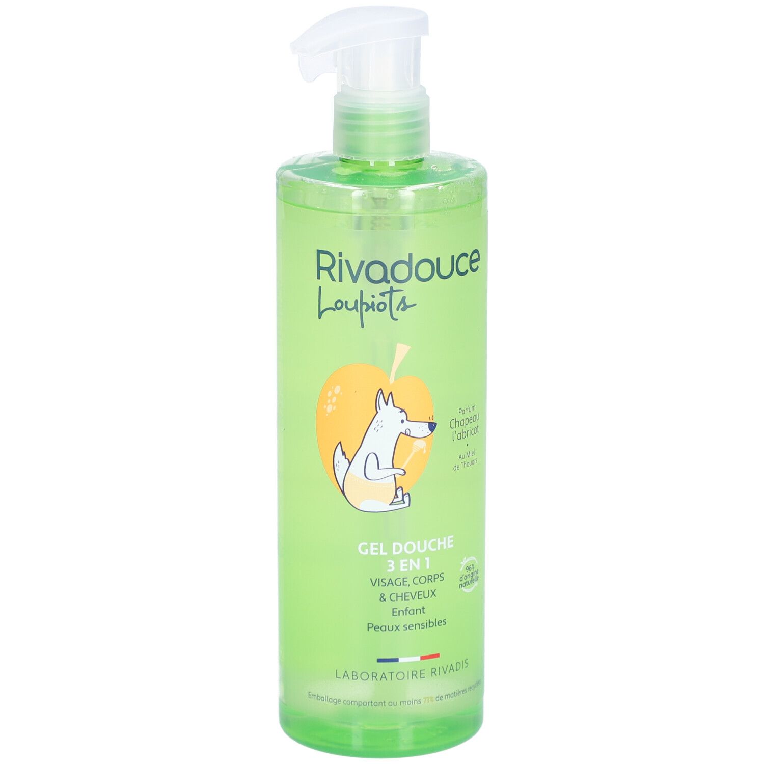 Flacon vert avec pompe doseuse. Inscription: Rivadouce Loupiots, Gel Douche 3en1. Illustration d'un chien sur une pomme.