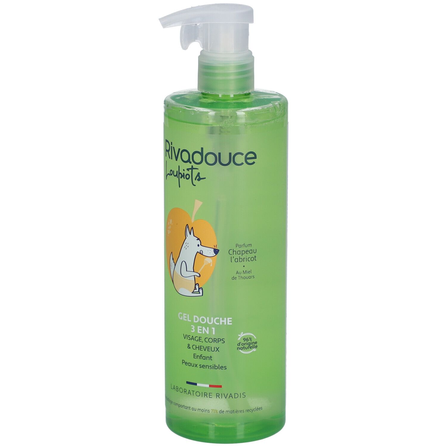 Flacon vert avec pompe doseuse. Inscription: Rivadouce Loupiots, Gel Douche 3en1. Illustration d'un chien sur une pomme.