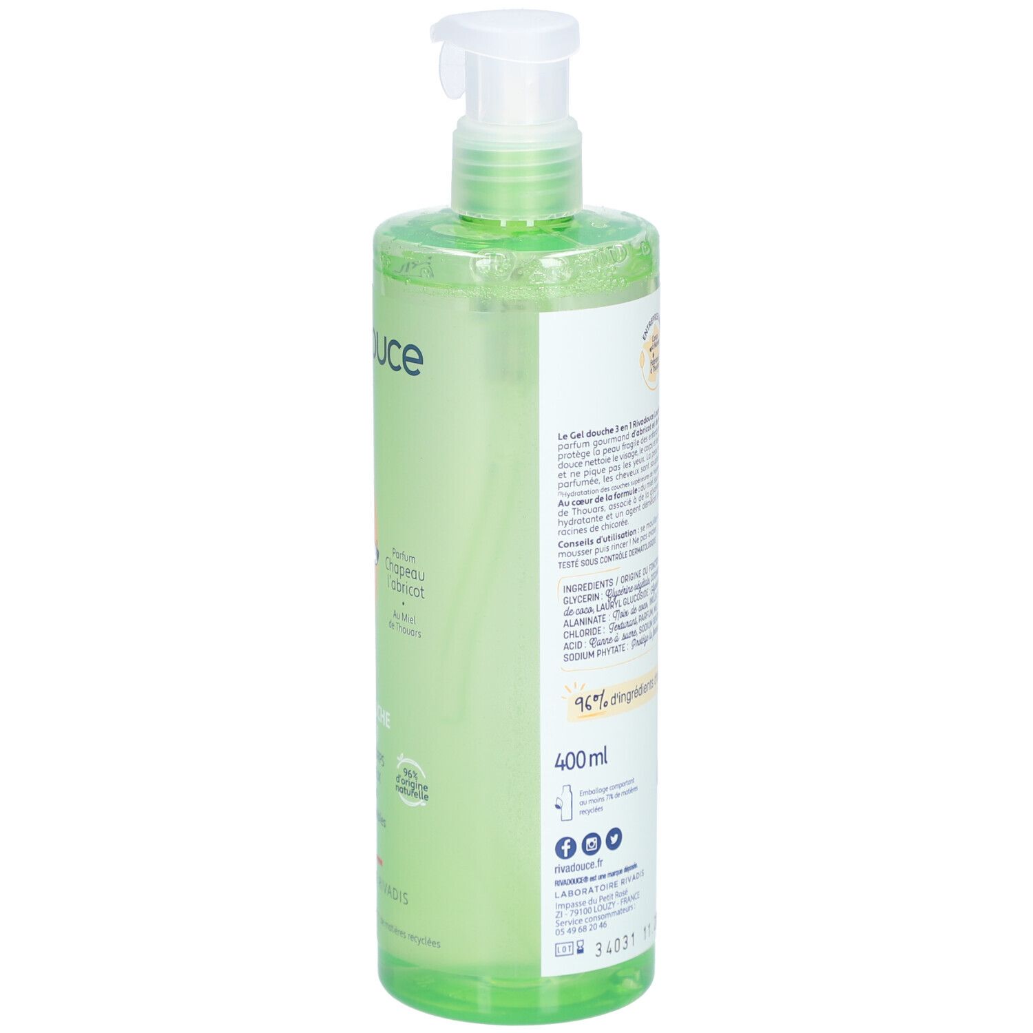 Dos d'un flacon vert avec pompe doseuse. Texte sur l'étiquette. Ingrédients et informations sur le produit.