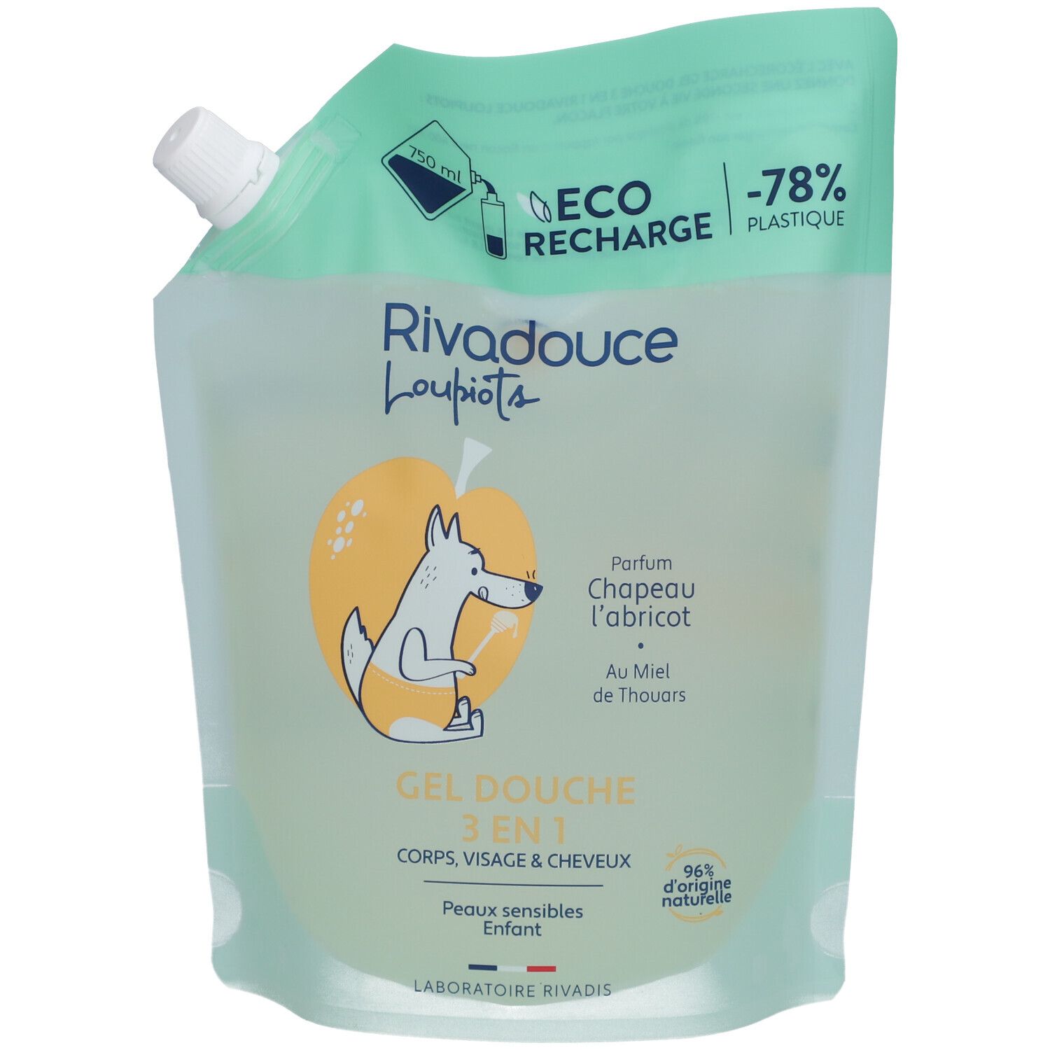 Recharge de gel douche Rivadouce Loupiots. Parfum Chapeau l'Abricot. 3 en 1. Contenance 750 ml. Eco Recharge.