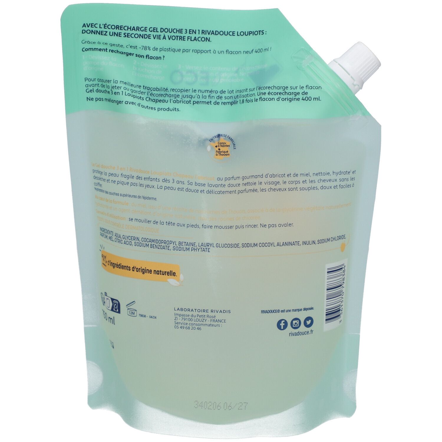 Dos de la recharge de gel douche. Texte: Eco Recharge, ingrédients, Laboratoire Rivadouce, 750 ml.