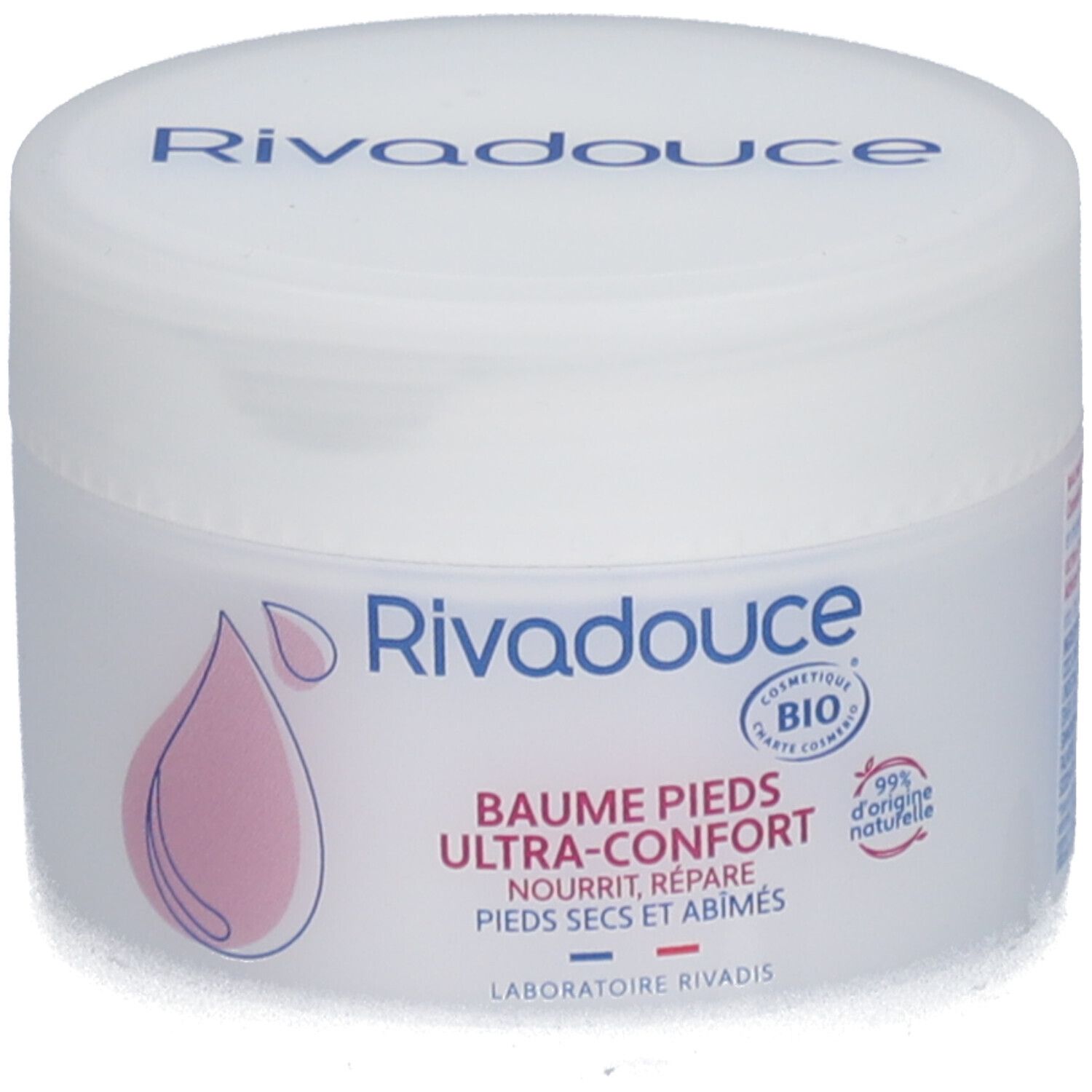 Pot blanc avec impression bleue et rose. Inscription: Rivadouce, Baume Pieds Ultra-Confort, certification Bio.