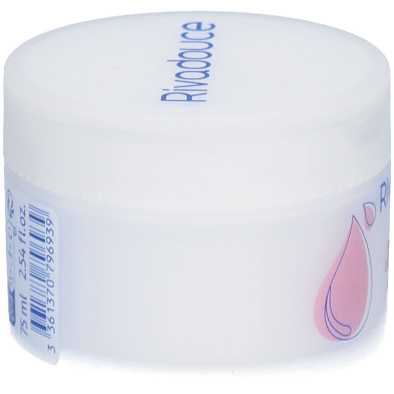 Pot blanc avec impression. Étiquette latérale avec informations produit et code-barres. Inscription: Rivadouce.