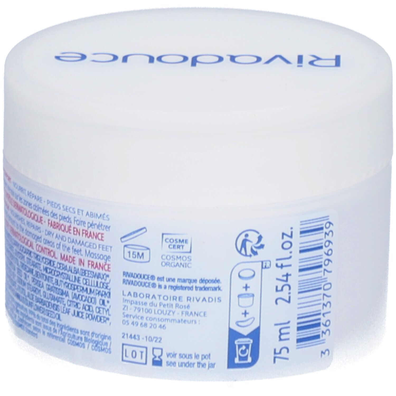 Pot blanc avec impression. Étiquette latérale avec informations produit, code-barres et certifications. Inscription: Rivadouce.