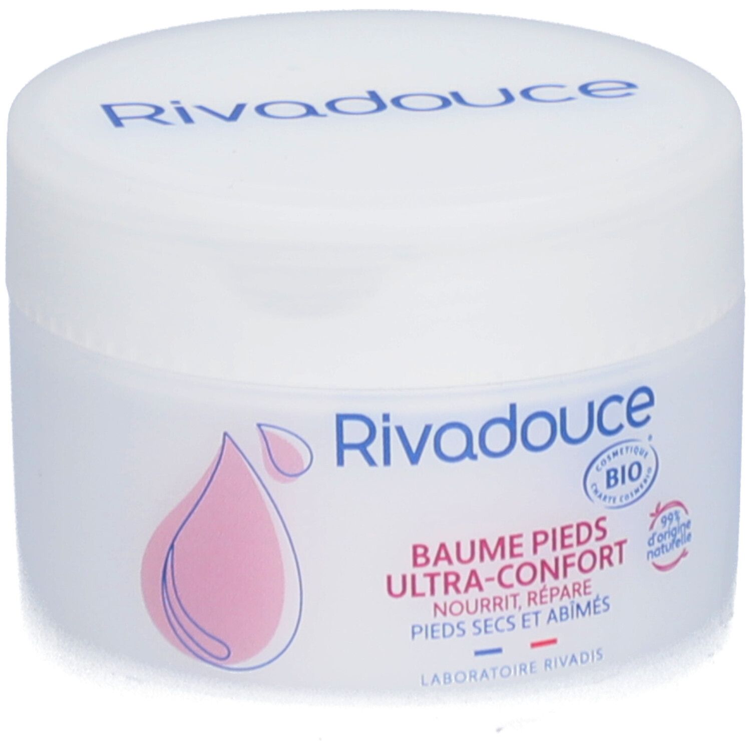 Pot blanc avec impression bleue et rose. Inscription: Rivadouce, Baume Pieds Ultra-Confort, certification Bio.