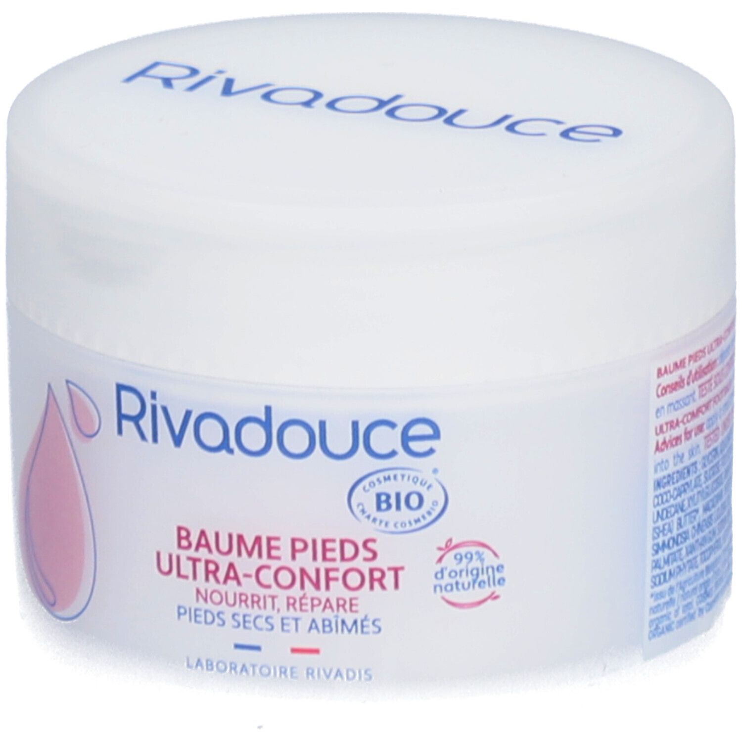 Pot blanc avec impression bleue et rose. Inscription: Rivadouce, Baume Pieds Ultra-Confort, certification Bio.