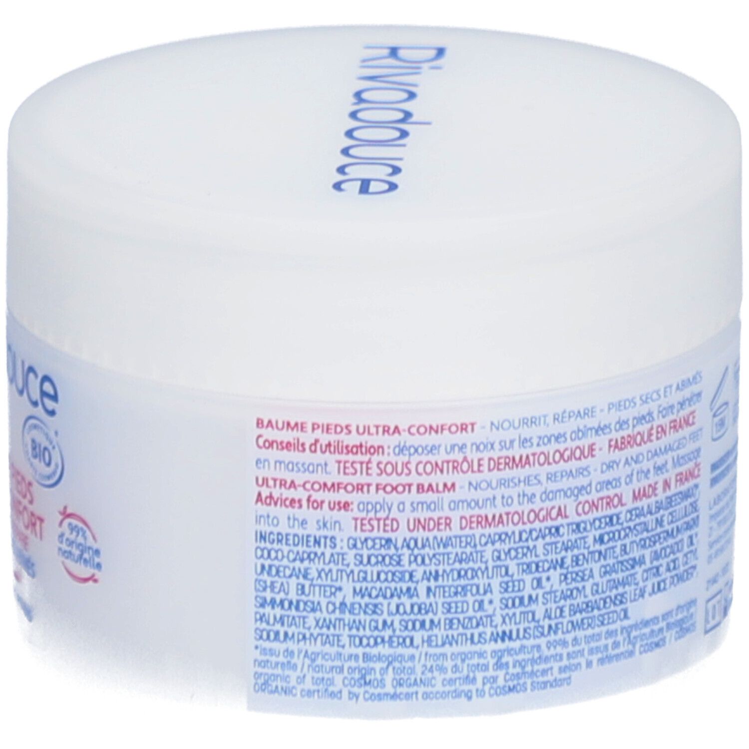 Pot blanc avec impression. Étiquette latérale avec informations produit et certifications. Inscription: Rivadouce.
