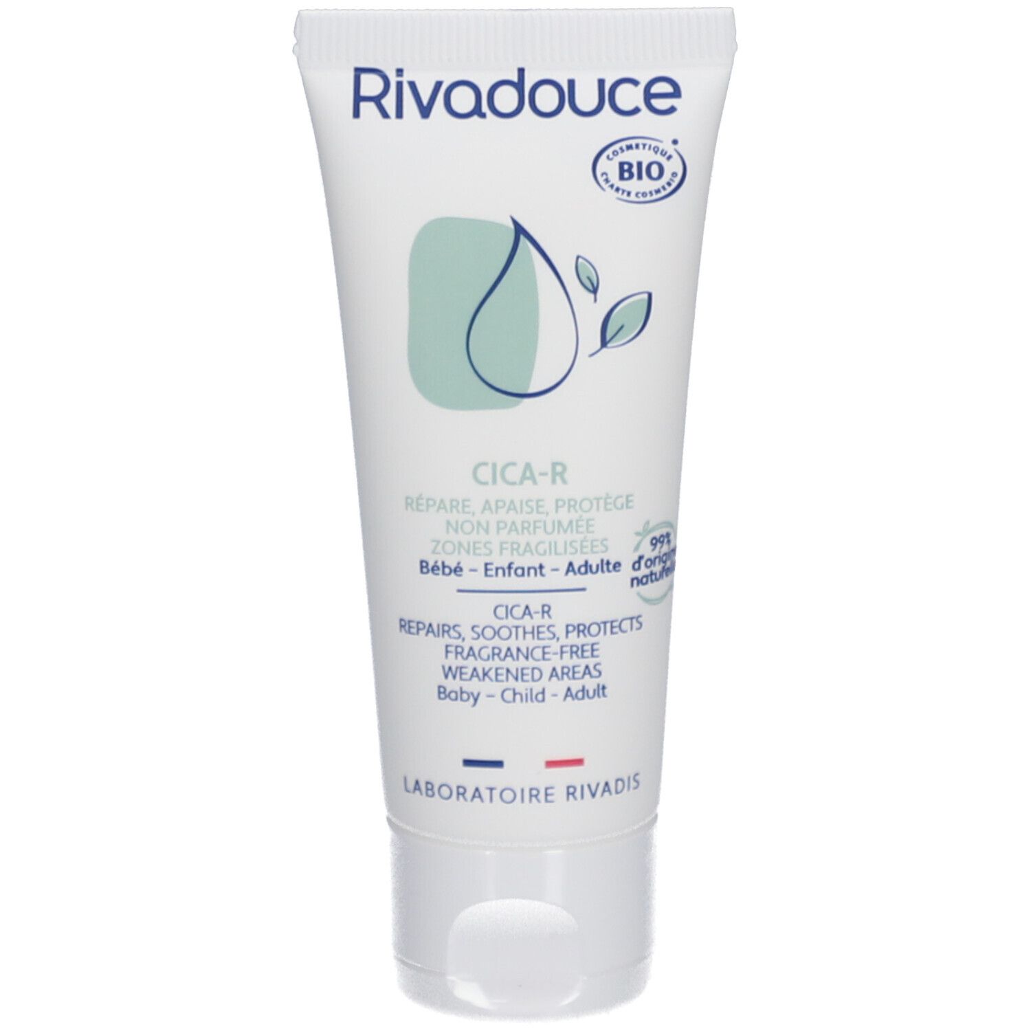 Tube blanc Rivadouce Cica-R. Répare, apaise, protège. Zones fragilisées. Bébé-Enfant-Adulte. Ingrédients naturels. Certification Bio.