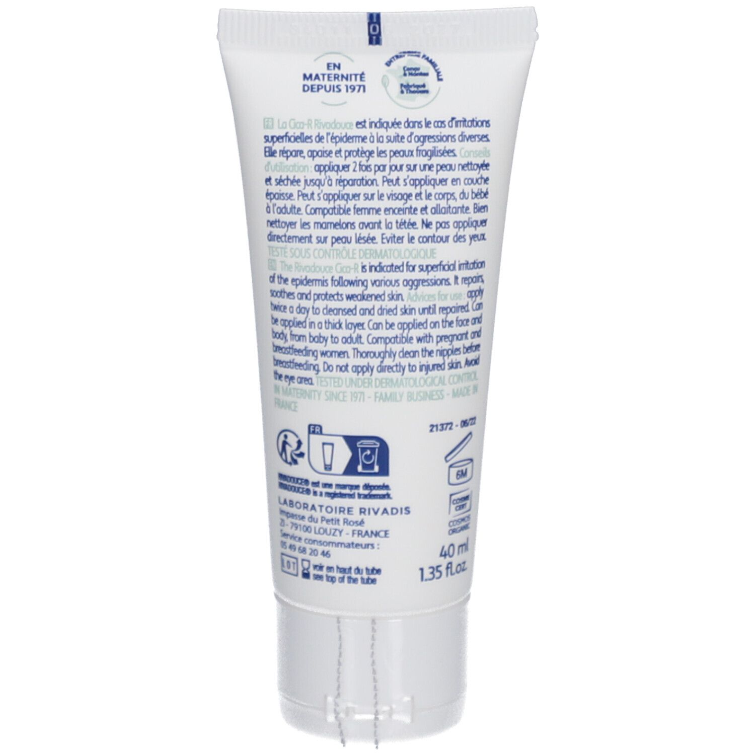Dos du tube. Texte en français. Informations sur l'utilisation et les ingrédients. 40 ml. Testé sous contrôle dermatologique.
