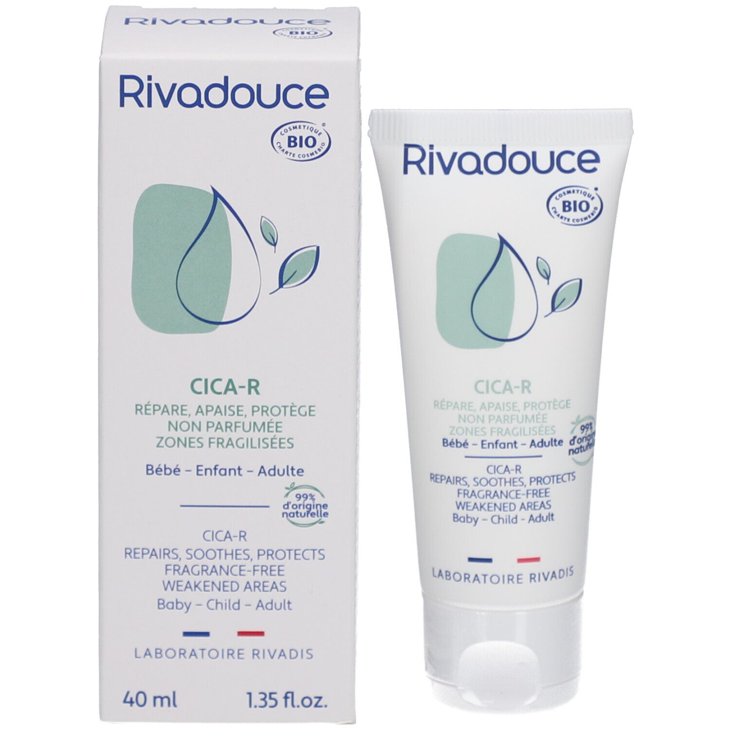 Emballage du produit : tube et boîte. Rivadouce Cica-R. Répare, apaise, protège. Bébé-Enfant-Adulte. Certification Bio.