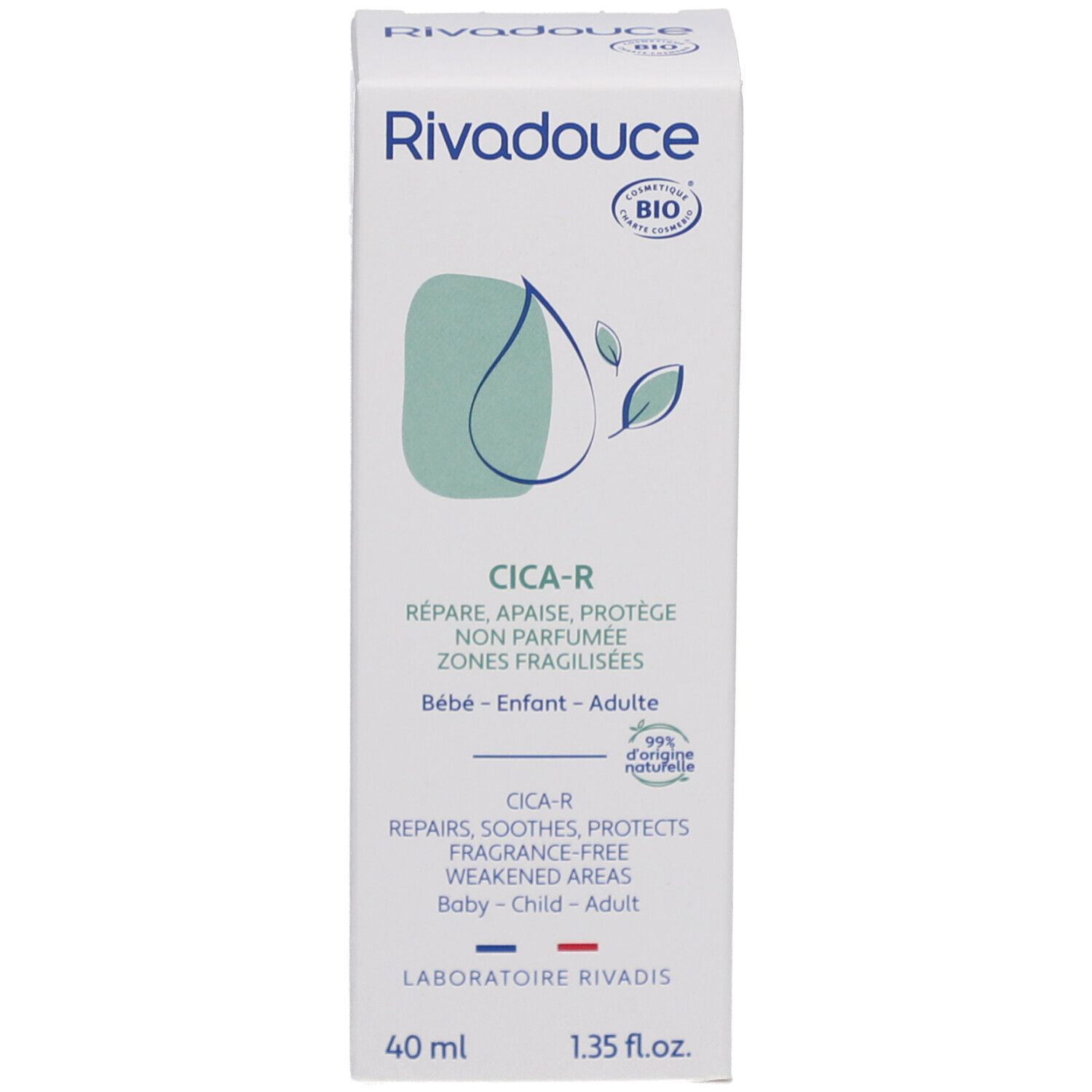 Boîte blanche Rivadouce Cica-R. Répare, apaise, protège. Zones fragilisées. Bébé-Enfant-Adulte. Certification Bio.