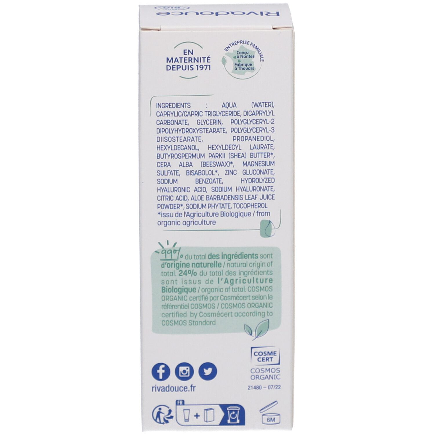 Côté de la boîte. Ingrédients et certifications. COSMOS ORGANIC certifié. Fabriqué en France. Coordonnées.