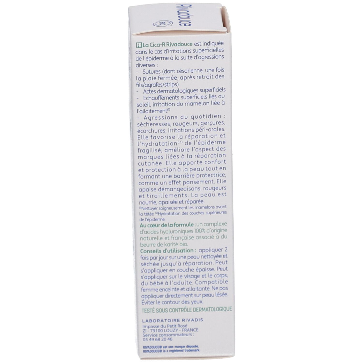 Côté de la boîte. Texte en français. Informations sur l'utilisation et les indications. Testé dermatologiquement. Ingrédients.