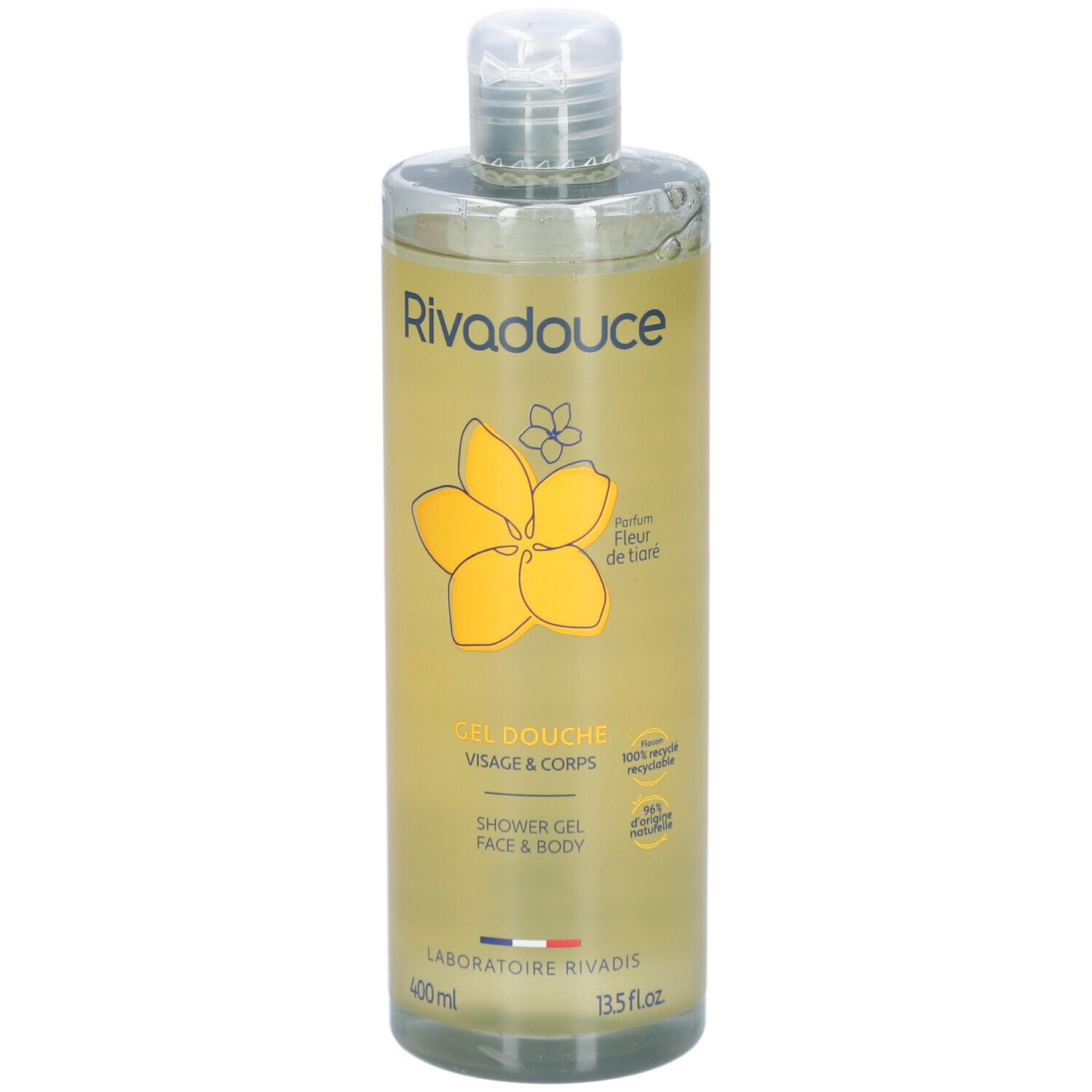 Flacon de Gel Douche. Gel Douche Fleur de Tiaré, étiquette jaune et blanche, fleur jaune, 400 ml.