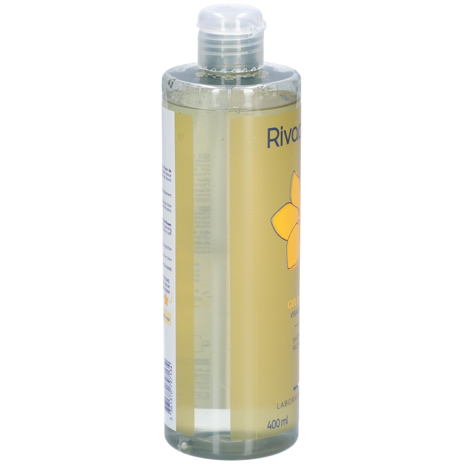 Flacon de Gel Douche. Vue latérale, étiquette jaune et blanche, texte et logo.