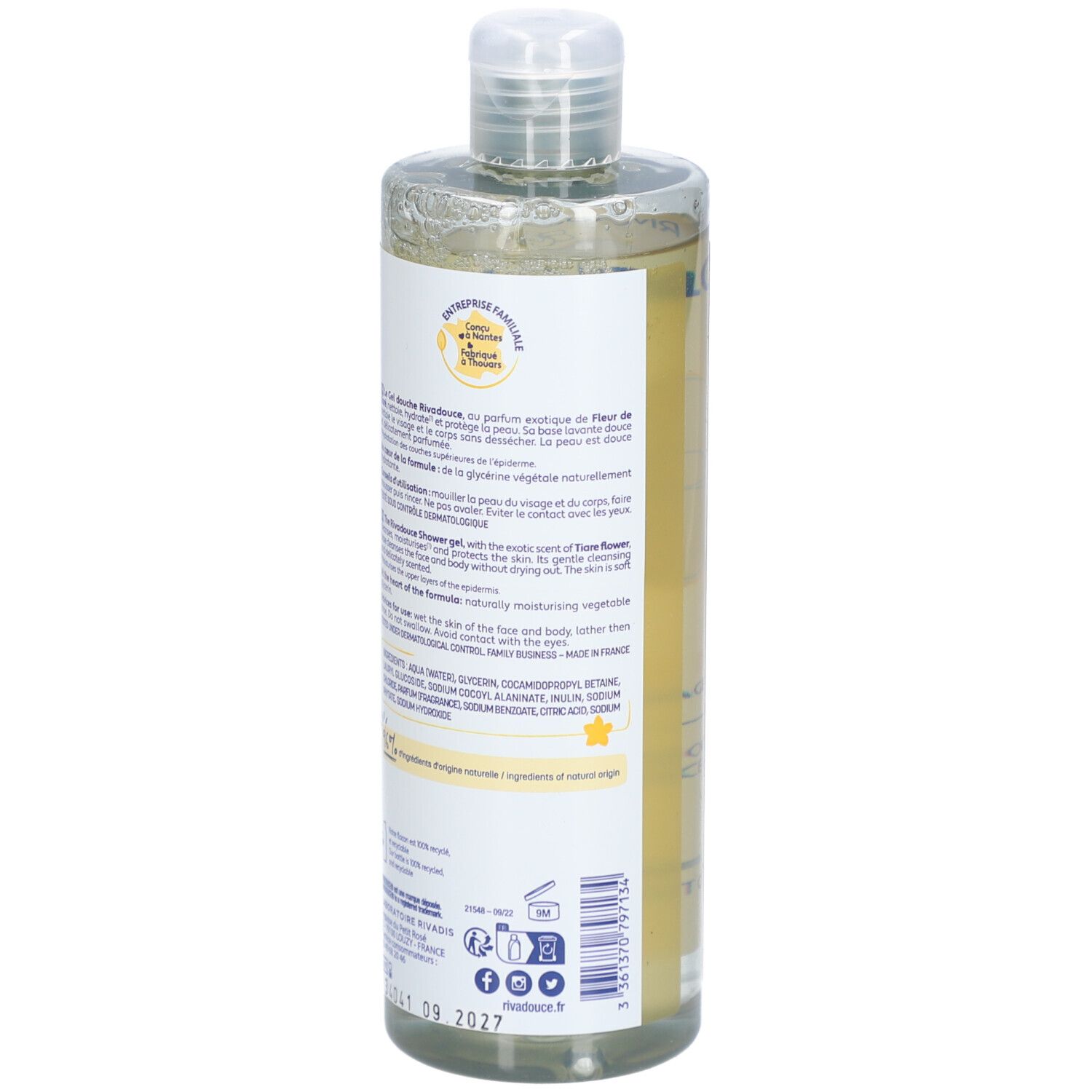Flacon de Gel Douche. Dos, texte, ingrédients, logos, fond blanc.