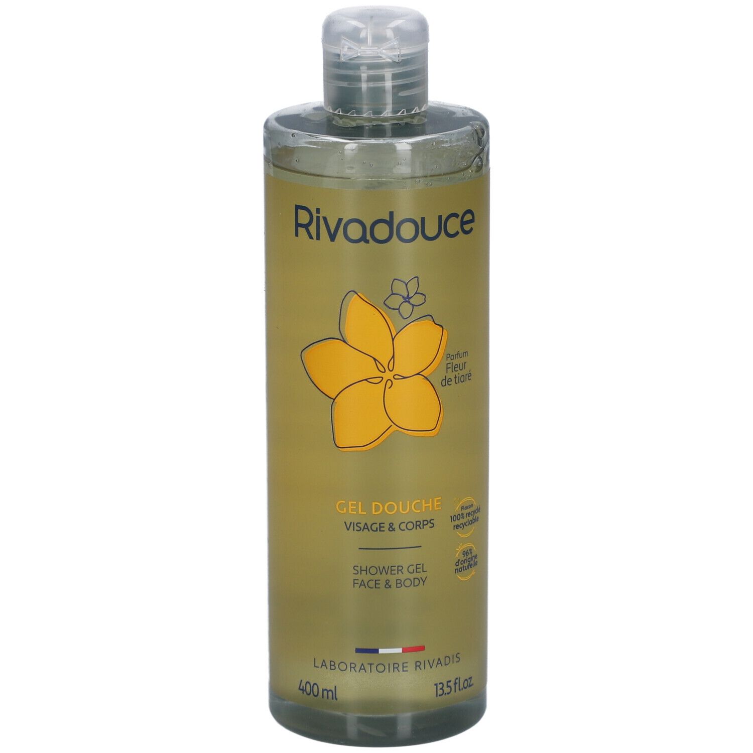 Flacon de Gel Douche. Gel Douche Fleur de Tiaré, étiquette jaune et blanche, fleur jaune, 400 ml.