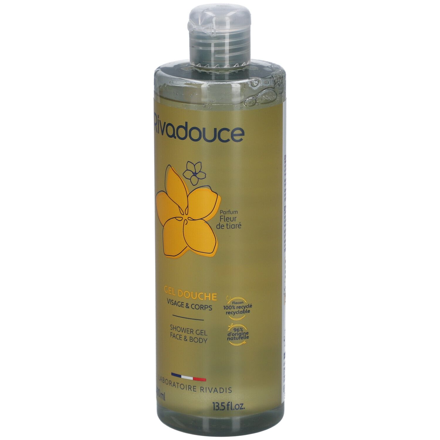 Flacon de Gel Douche. Gel Douche Fleur de Tiaré, étiquette jaune et blanche, fleur jaune, 400 ml.