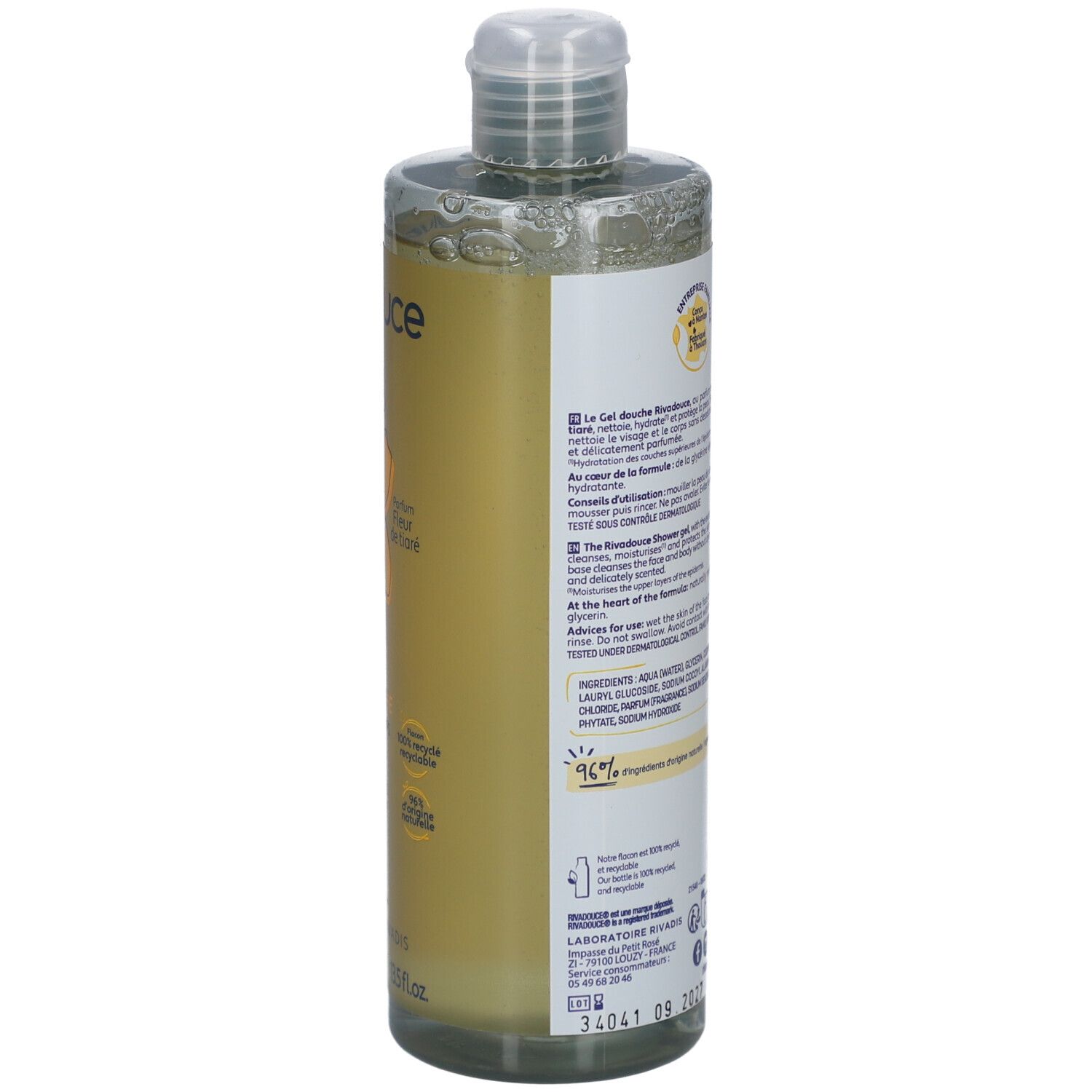Flacon de Gel Douche. Dos, texte, ingrédients, logos, fond blanc.
