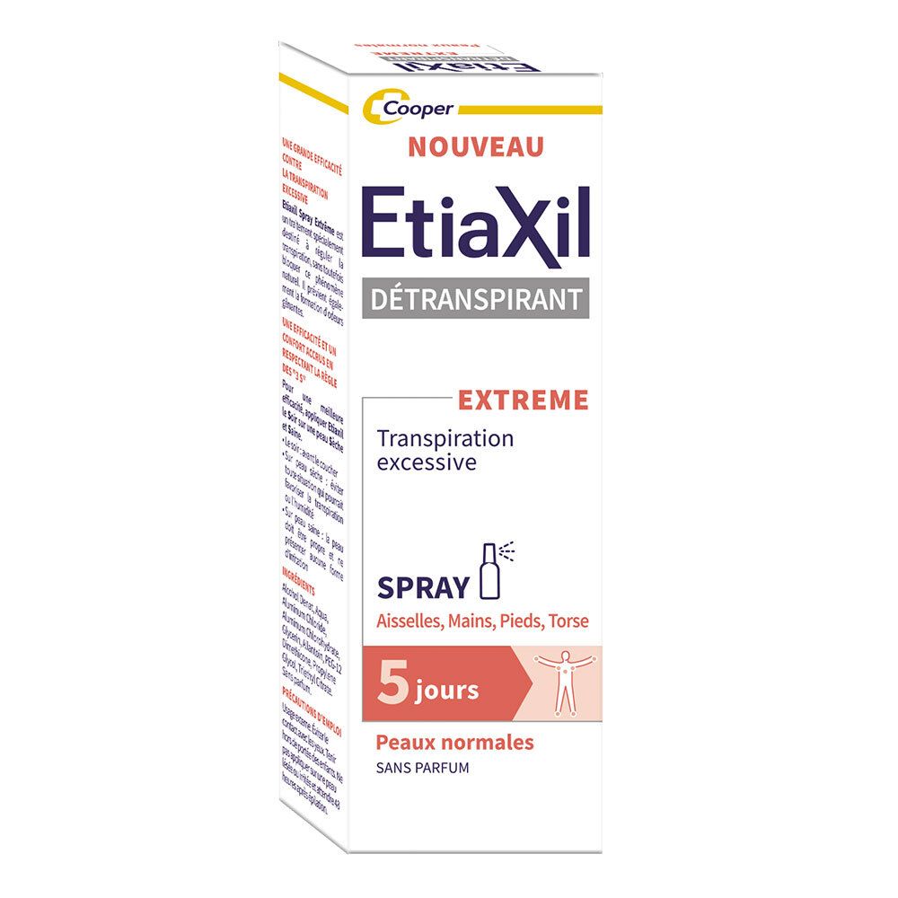 Etiaxil Détranspirant Spray, emballage. Texte: Extreme, 5 jours, peaux normales. Contient des informations d'utilisation.