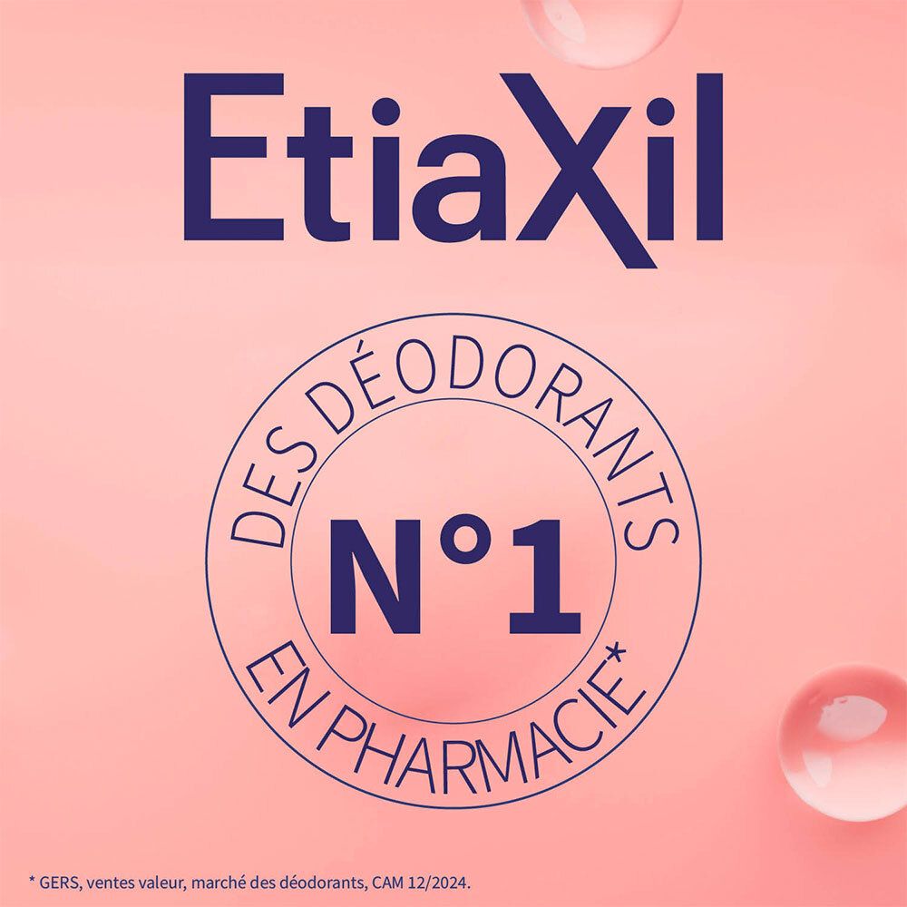 Logo Etiaxil et mention « N°1 en pharmacie » sur fond rose. Bulles en arrière-plan.