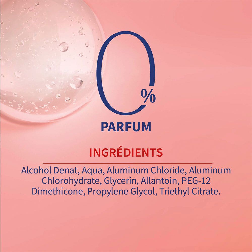 Liste des ingrédients sur fond rose. Contient, entre autres, Alcohol Denat, Aqua, Aluminum Chloride, Glycérine, Allantoïne.