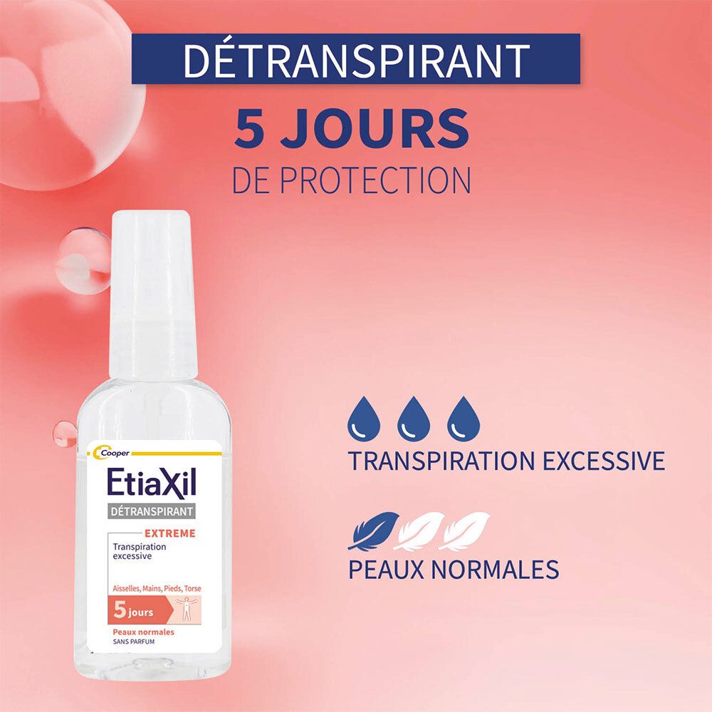 Etiaxil Détranspirant Spray, flacon. Texte: 5 jours de protection, transpiration excessive, peaux normales. Symboles: gouttes, plumes.