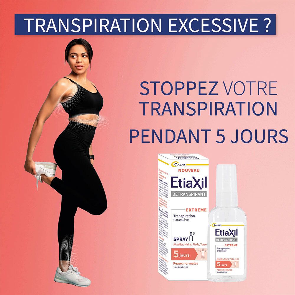 Femme en tenue de sport. À côté: Etiaxil Détranspirant Spray et emballage. Texte: Arrêtez votre transpiration pendant 5 jours.