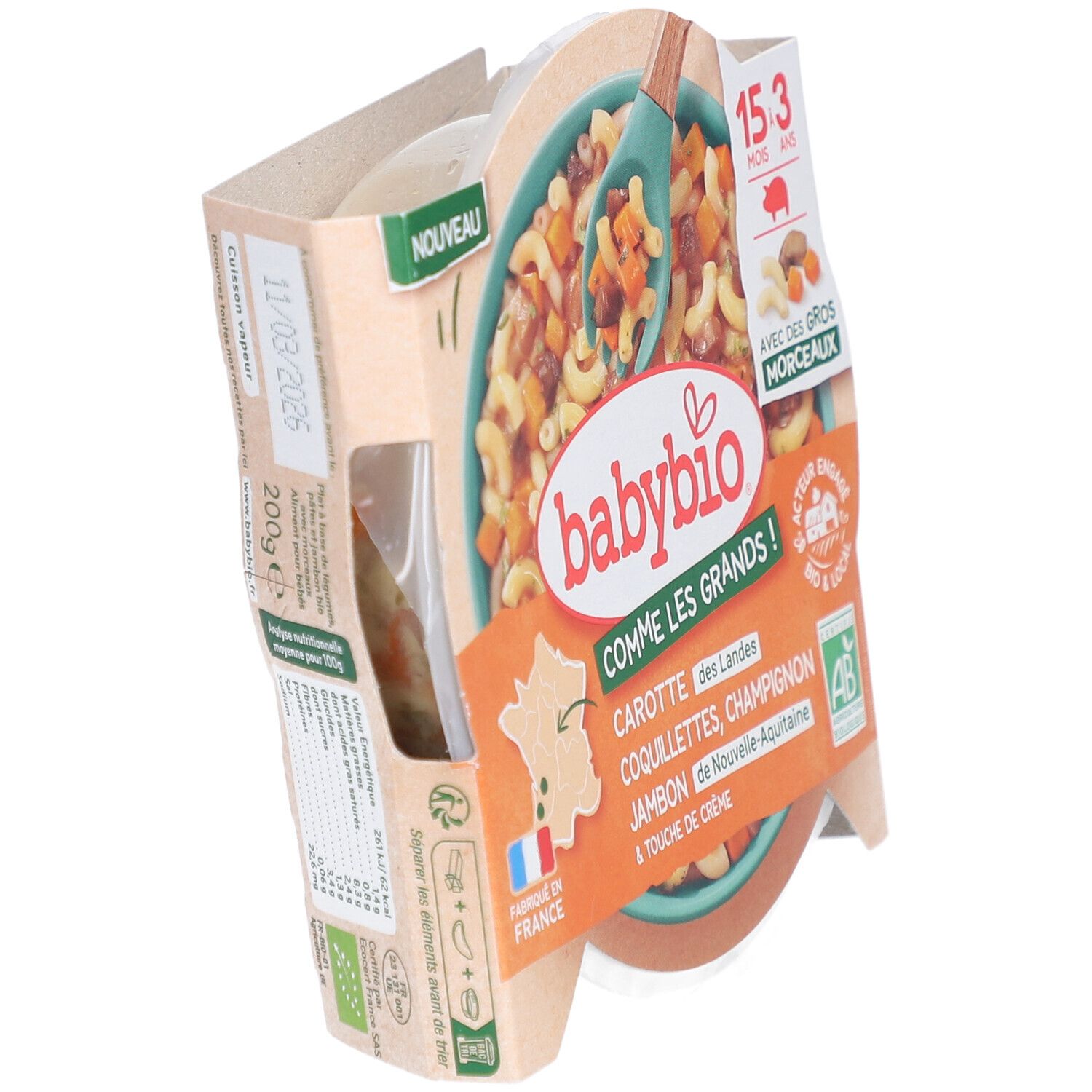 Babybio-Fertiggericht. Enthält Karotten, Nudeln, Champignons, Schinken und Sahne. Verpackung mit Produktinformationen.