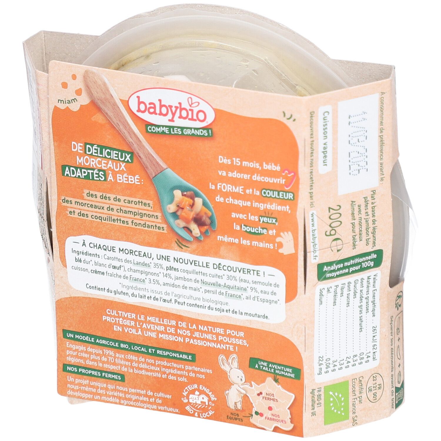 Rückseite der Babybio-Fertigmahlzeit. Enthält Karotten, Nudeln, Champignons, Schinken und Sahne. Produktinformationen.