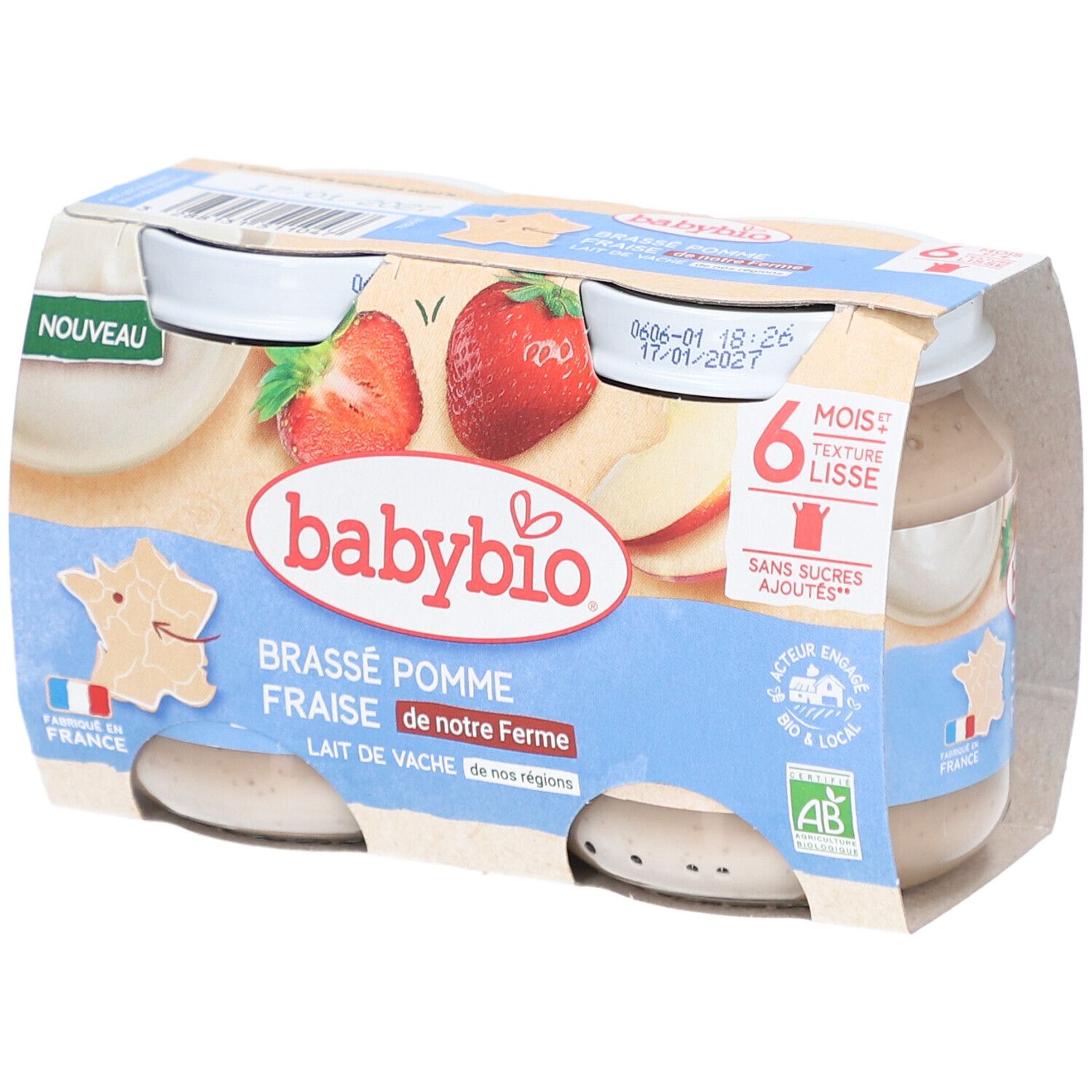 Verpackung mit Gläsern Babynahrung. Aufdruck: Brassé Pomme Fraise, 6 Monate, ohne Zuckerzusatz. Mit Erdbeeren und Apfel.