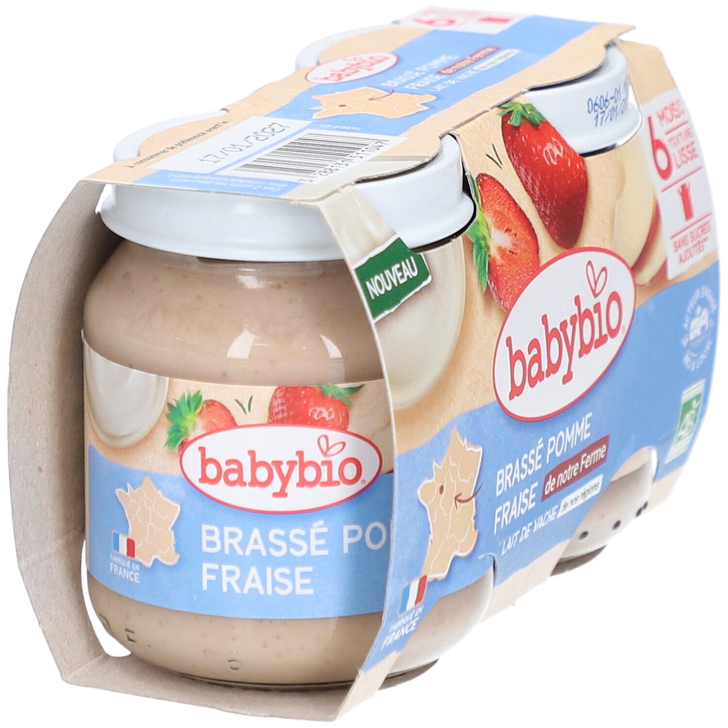 Verpackung mit Gläsern Babynahrung. Aufdruck: Brassé Pomme Fraise, 6 Monate, ohne Zuckerzusatz. Mit Erdbeeren und Apfel.