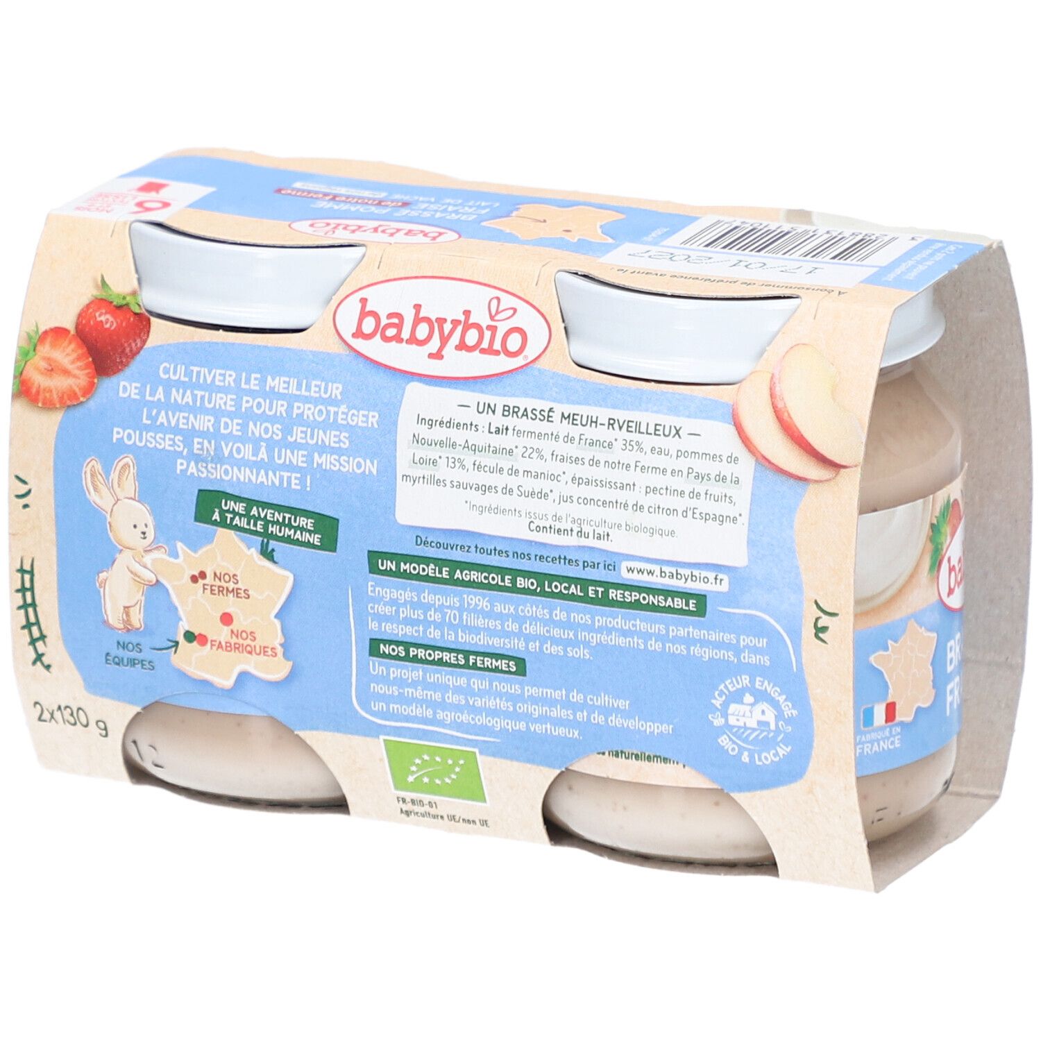 Verpackung mit Gläsern Babynahrung. Aufdruck: Brassé Pomme Fraise, 6 Monate, ohne Zuckerzusatz. Mit Erdbeeren und Apfel.