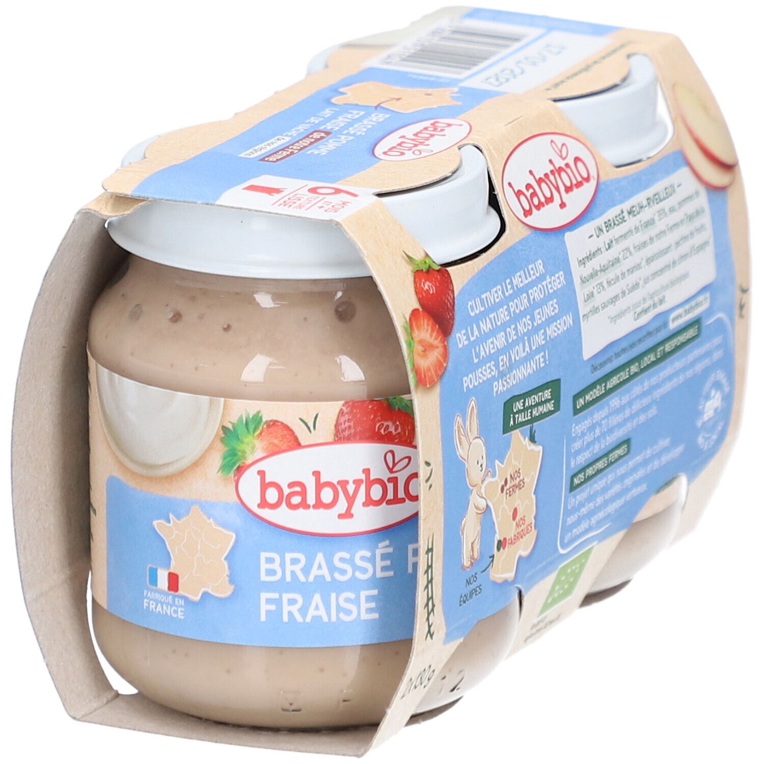 Verpackung mit Gläsern Babynahrung. Aufdruck: Brassé Pomme Fraise, 6 Monate, ohne Zuckerzusatz. Mit Erdbeeren und Apfel.