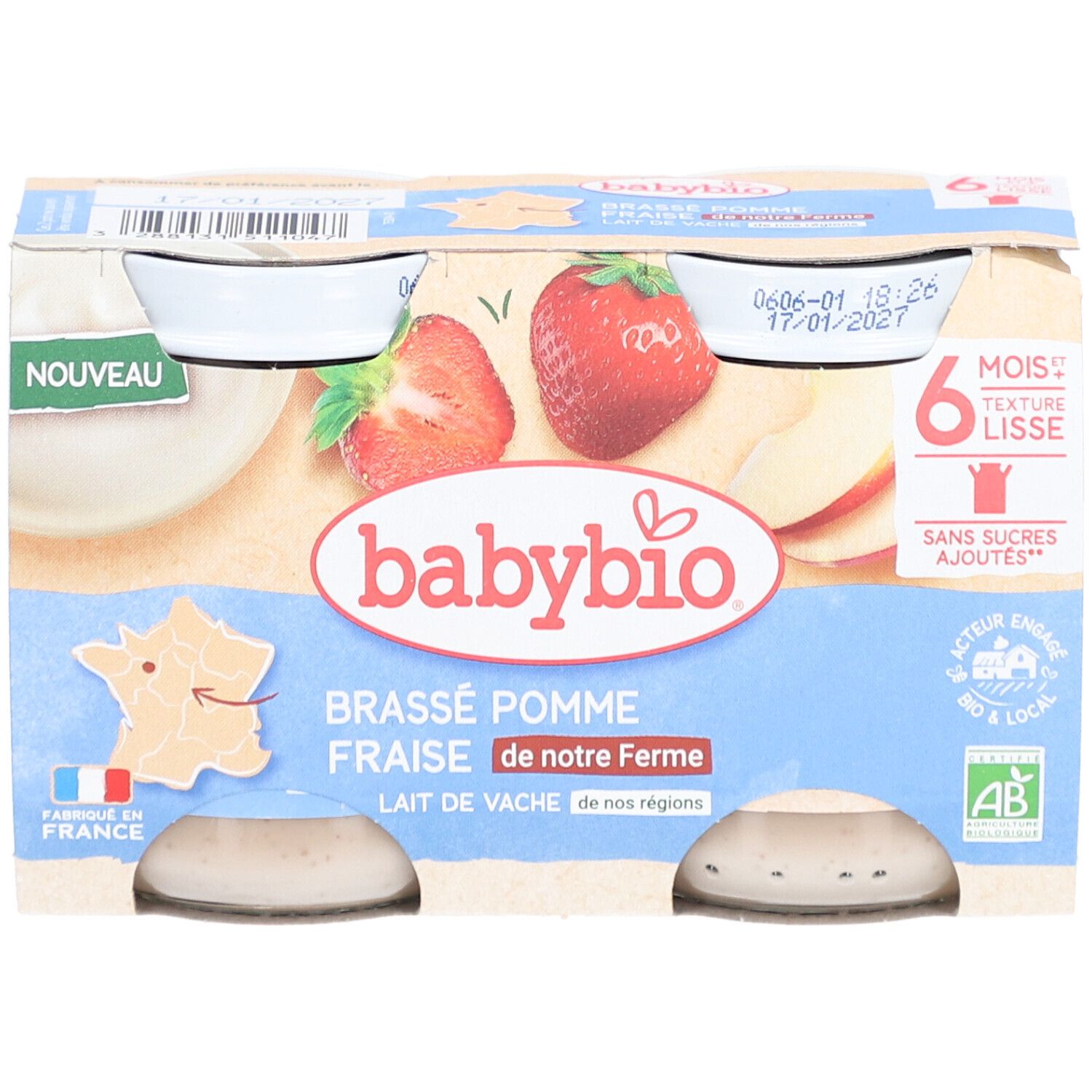 Verpackung mit Gläsern Babynahrung. Aufdruck: Brassé Pomme Fraise, 6 Monate, ohne Zuckerzusatz. Mit Erdbeeren und Apfel.