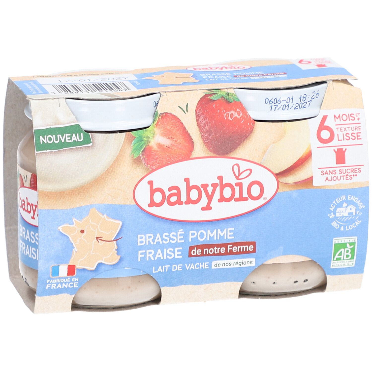 Verpackung mit Gläsern Babynahrung. Aufdruck: Brassé Pomme Fraise, 6 Monate, ohne Zuckerzusatz. Mit Erdbeeren und Apfel.
