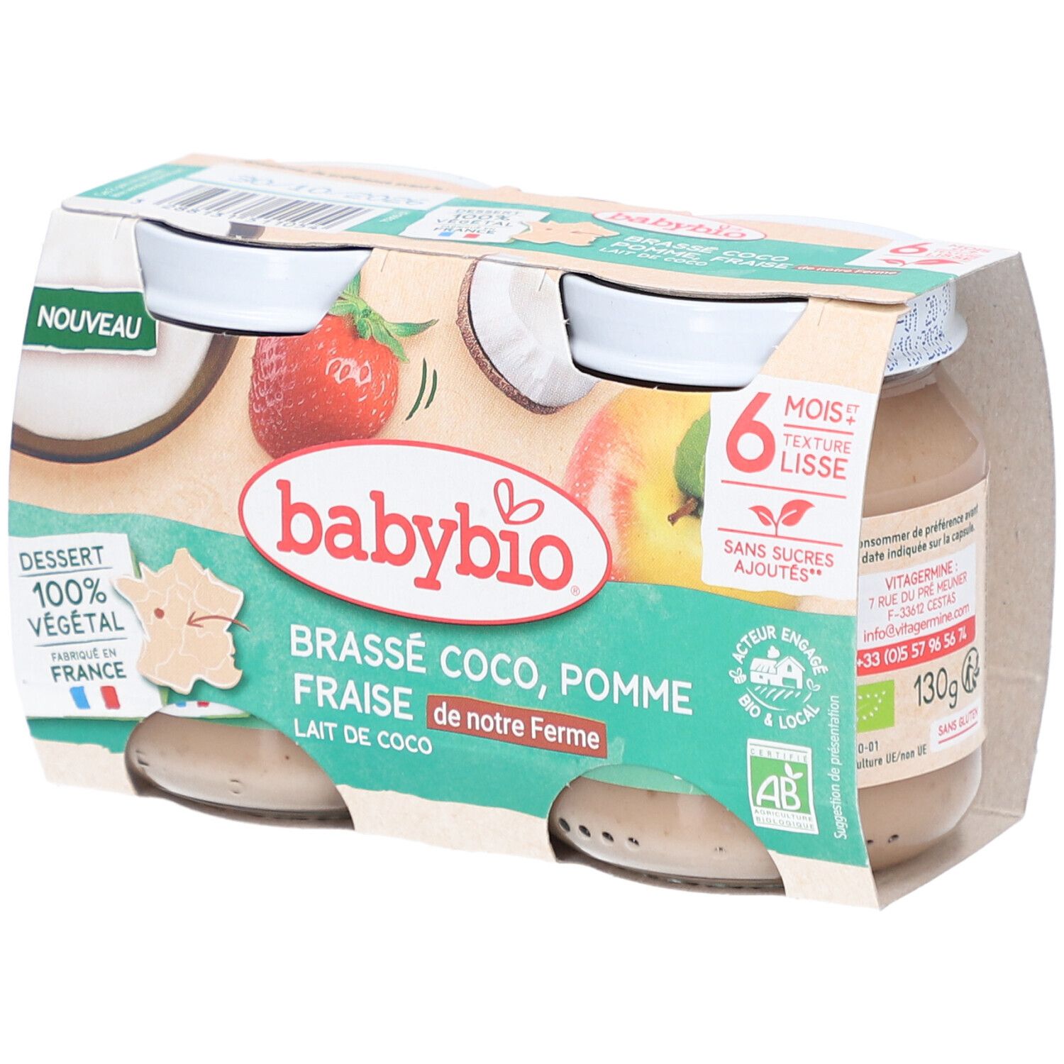 Packung mit vier Gläsern Babybrei. Aufdrucke: Babybio, Brassé Coco, Pomme Fraise, 6 mois, Textur lisse, Dessert 100% végétal.