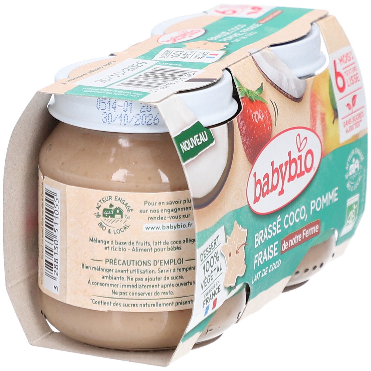 Packung mit vier Gläsern Babybrei. Aufdrucke: Babybio, Brassé Coco, Pomme Fraise, 6 mois, Textur lisse, Dessert 100% végétal. Rückseite mit Inhaltsangaben.