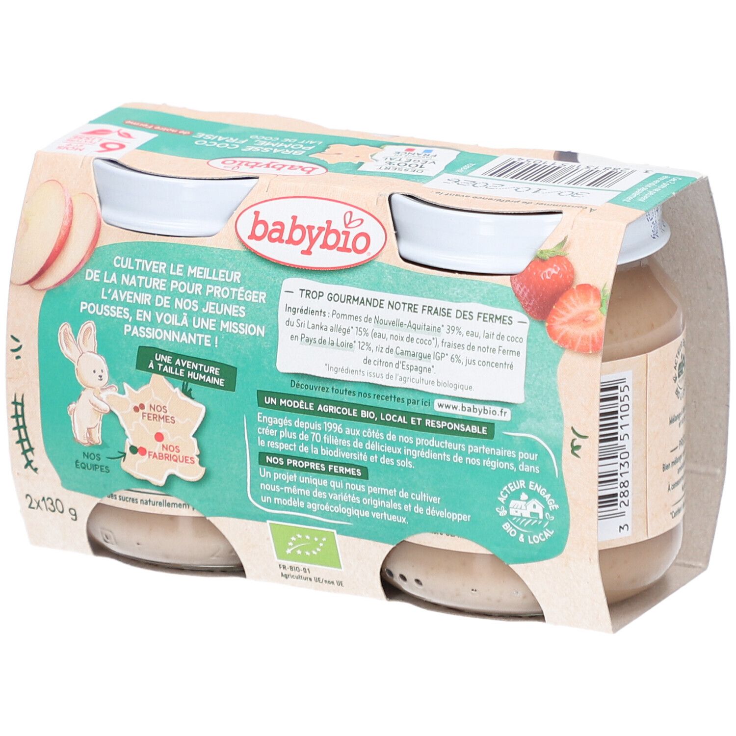 Packung mit vier Gläsern Babybrei. Aufdrucke: Babybio, Brassé Coco, Pomme Fraise, 6 mois, Textur lisse, Dessert 100% végétal. Rückseite mit Inhaltsangaben.