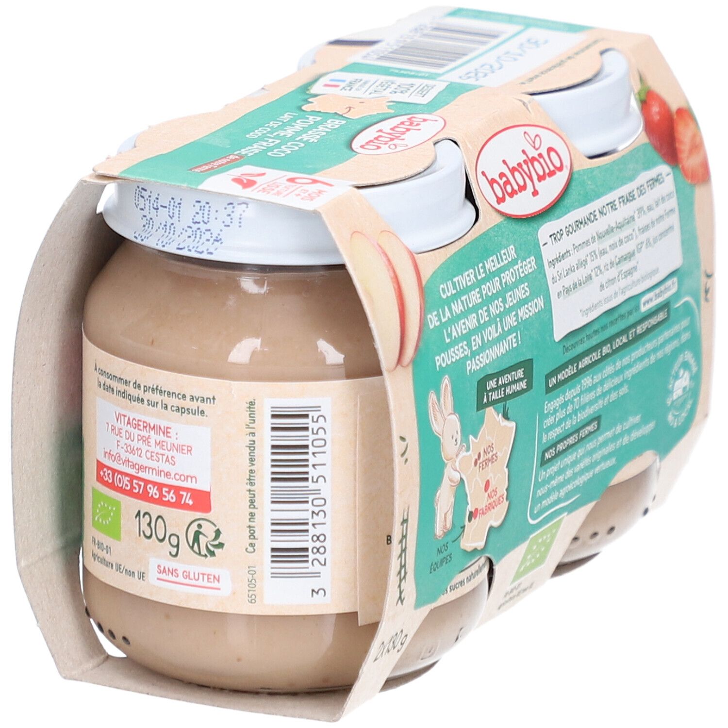 Packung mit vier Gläsern Babybrei. Aufdrucke: Babybio, Brassé Coco, Pomme Fraise, 6 mois, Textur lisse, Dessert 100% végétal. Rückseite mit Inhaltsangaben.