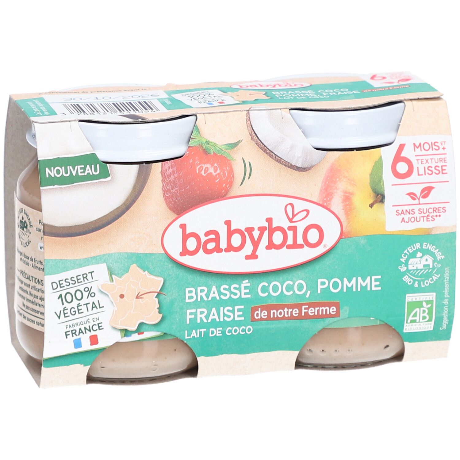 Packung mit vier Gläsern Babybrei. Aufdrucke: Babybio, Brassé Coco, Pomme Fraise, 6 mois, Textur lisse, Dessert 100% végétal.