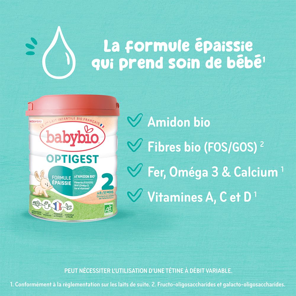 Boîte de lait infantile Babybio Optigest à couvercle rouge. Contient amidon bio, fibres, fer, oméga 3, calcium et vitamines.